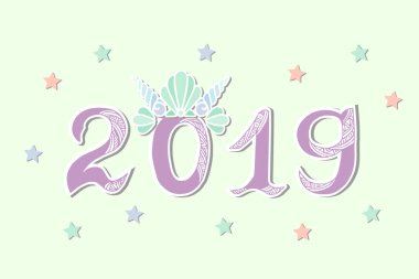 Happy New Year kartpostal, yeni yıl eğlencesi daveti, kartpostal sebebi, neşeli Noel kartı olarak da Merimaid'ın deniz kabuğu tacıyla illüstrasyon 2019 vektör.