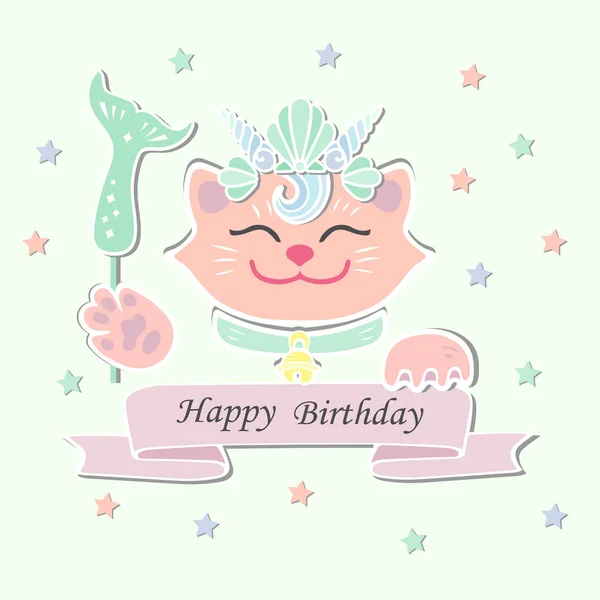 Cute Happy Birthday Card Cat Marimaid Sea Shell Crown Vector — Stock Vector