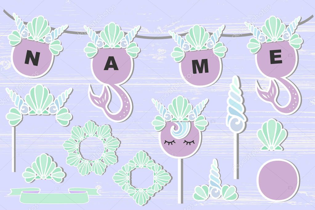 Vector set with Mermaid's Crown, frames, sea shells. Mermaid symbols as patch, stick cake topper, sticker, drink topper. Props for baby birth, Mermaid, Birthday party, First Birthday anniversary