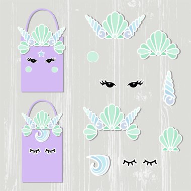 Vektör deniz kızı Crown, deniz kabukları, gözleri ile ayarlayın. Deniz kızı sembolleri olarak yama, sopa pasta topper, etiket, içki topper kağıdı dekorasyon kesin. Deniz kızı çanta yaratıcısı.