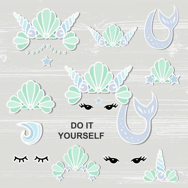 Deniz kızı yaratıcısı. Vektör ayarla deniz kabuğu kron, kuyruk, gözleri ile.