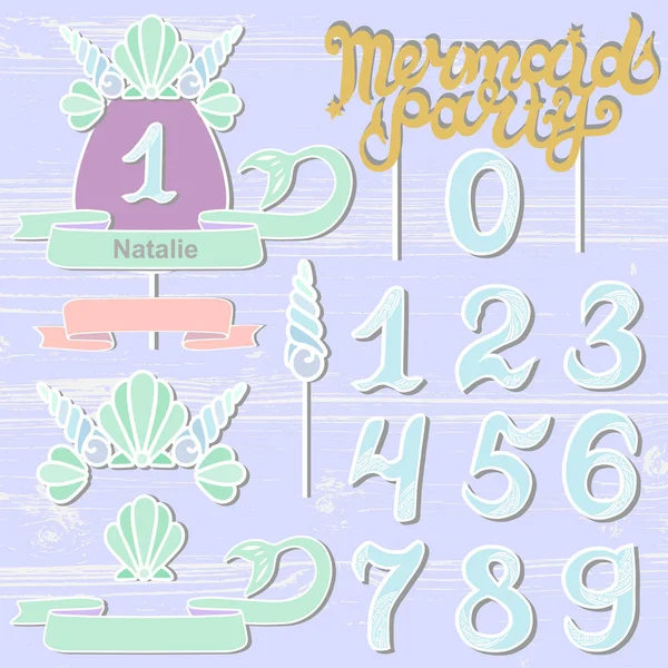 Vector Set Met Mermaid Partij Tekst Sea Shell Kroon Getallen — Stockvector