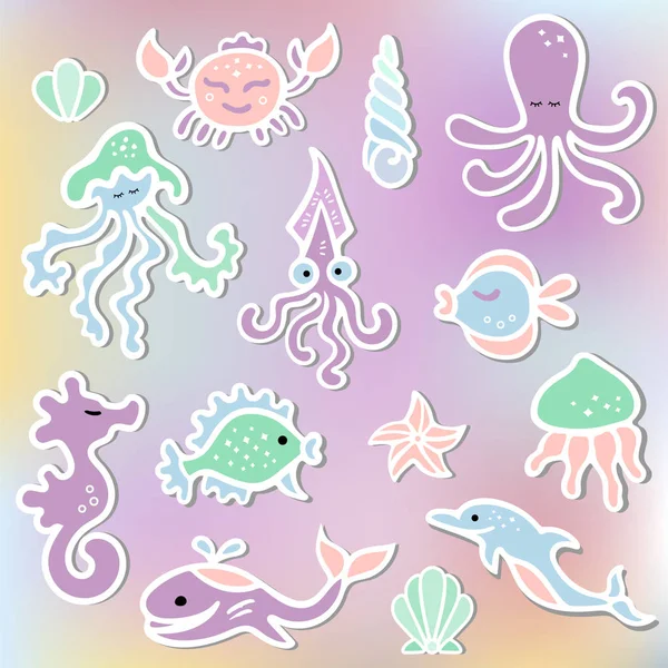 Set Vectores Con Los Amigos Sirena Pulpo Delfín Ballena Hora — Vector de stock