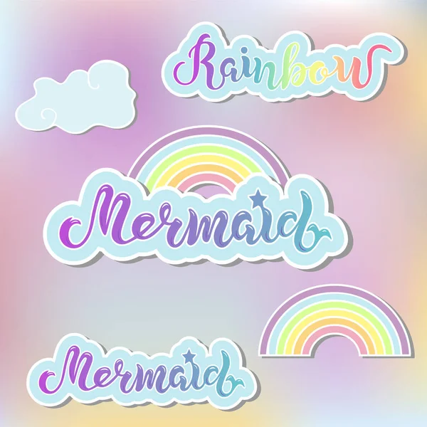 Set Vectores Con Sirena Arco Iris Nubes Letras Manuscritas Sirena — Vector de stock