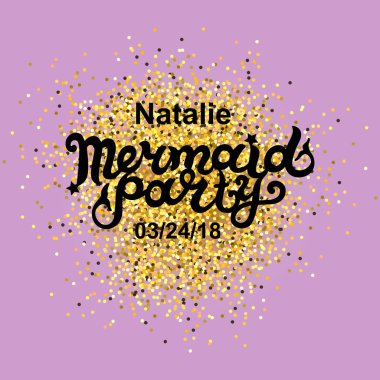 Deniz kızı parti metin pembe arka plan izole edilir. Deniz kızı parti yazı logo, rozet, yama, simge elle çizilmiş. Parti, Doğum günü, davet, el ilanları, Bebek Doğum, web için şablon