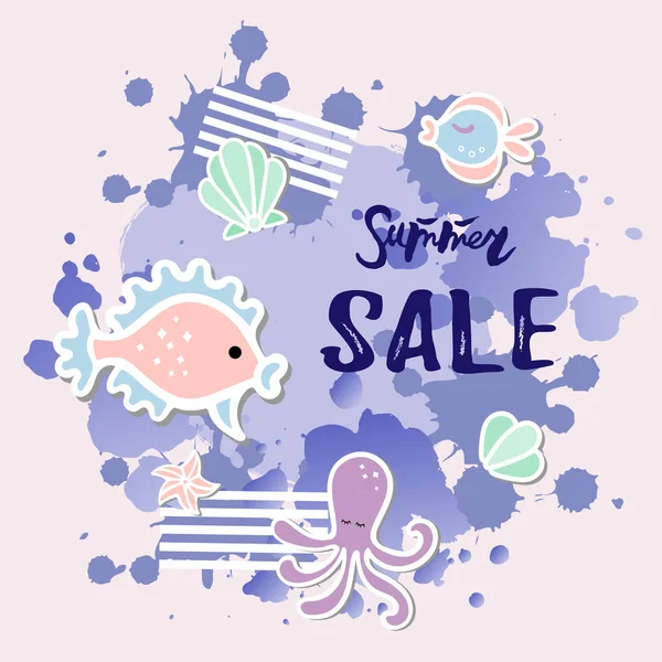 Vector Illustration Octopus Fishes Watercolor Splash Summer Sale Banner Template — Stock Vector