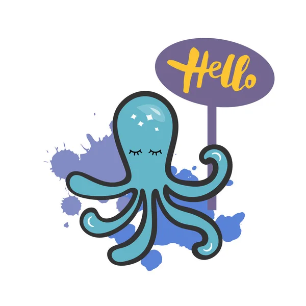 Hola Tarjeta Con Lindo Pulpo Fondo Con Carácter Pulpo Ilustración — Archivo Imágenes Vectoriales