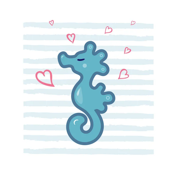 Vector Illustration Cute Blue Sea Horse Hearts Template Party Invitation — Stockvector