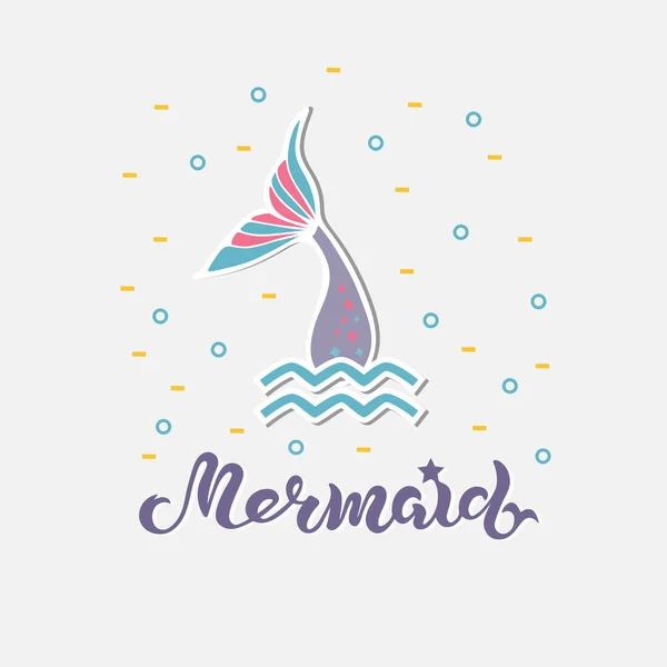 Vektör çizim ile Mermaid kuyruk. Yazı logo, yama, etiket, pasta toppers el yazısı deniz kızı. Deniz kızı stil daveti, Doğum günü, tebrik kartı, Bebek Dükkanı, bebek duş için şablon