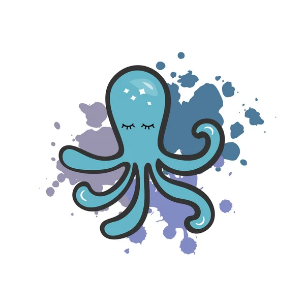 Ilustración Vectorial Con Pulpo Salpicadura Pintura Azul Plantilla Para Invitación — Archivo Imágenes Vectoriales