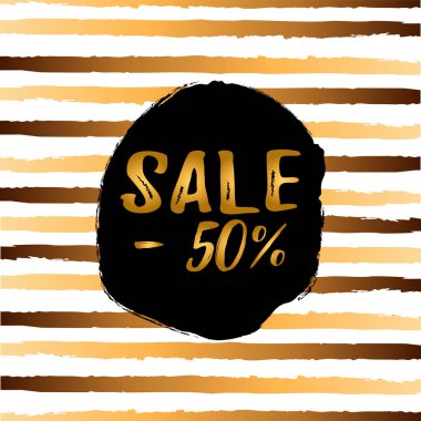 Satılık -50% metin. Vektör çizim, çizgili arka plan üzerinde izole Satılık etiketi.