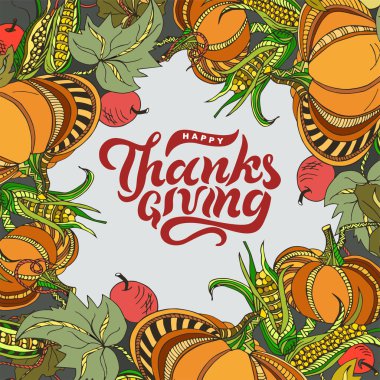 Şablon pumpkins, Mısır ve elma ile. Şükran günü tebrik kartı, davet, web için yazı el yazısı. Vektör çizim.