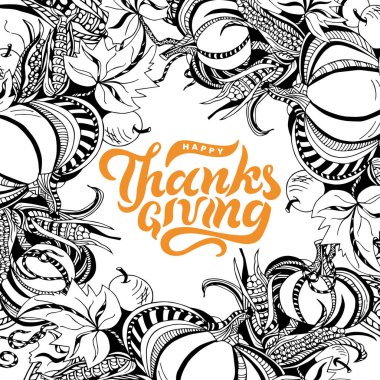 Şablon pumpkins, Mısır ve elma ile. Şükran günü tebrik kartı, davet, web için yazı el yazısı. Vektör çizim.