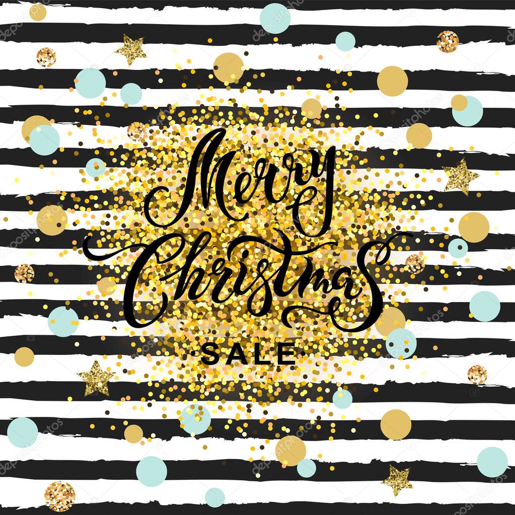 Merry Christmas Sale banner on striped background. Merry Christmas handwritten lettering for Happy holidays greeting card, postcard motive, badge, web, invitation, poster.
