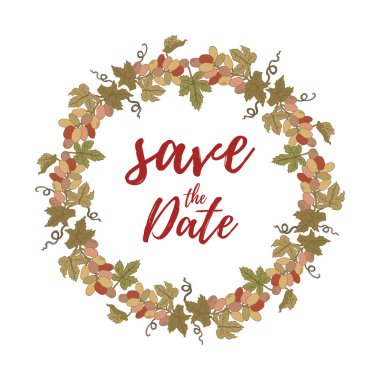 Vektör çizim, tarihi kaydetmek metin ve üzüm çelenk. Düğün davetiye tasarım öğesi.