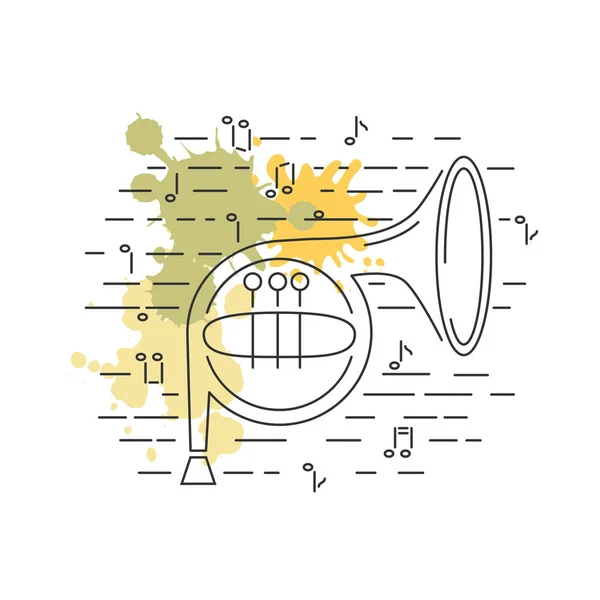 French Horn Icono Aislado Fondo Con Salpicaduras Pintura Estilo Línea — Archivo Imágenes Vectoriales