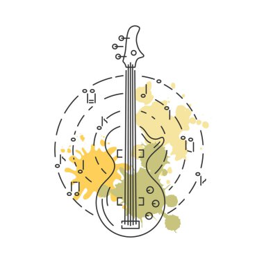 Zemin fışkırmaları boyama ile üzerine izole bas gitar simgesi. Çizgi stili. Vektör çizim