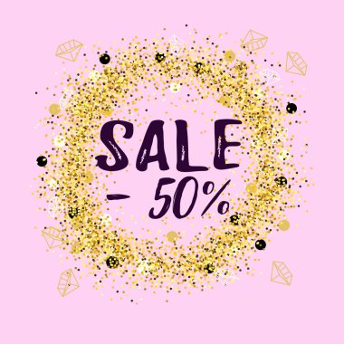 Satılık eksi % 50 metin. Vektör çizim, altın konfeti ile pembe arka plan üzerinde izole Satılık etiketi.