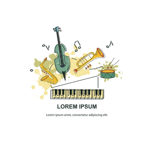 Vektör çizim, afiş tasarım şablonu müzik aletleri ile. Müzikal olay simgesi. Müzik Festivali, caz parti, davetiye, tebrik kartı, konser poster, ve müzik okulu için şablon.