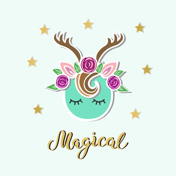 Magical Deer Vector Illustration Logo Badge Patch Isolated Blue Background — Stock Vector