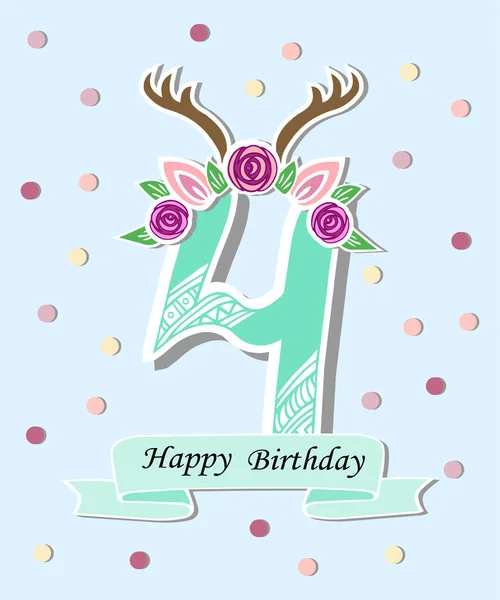Vector Illustration Number Four Antlers Flower Wreath Template Baby Birthday — Stock Vector