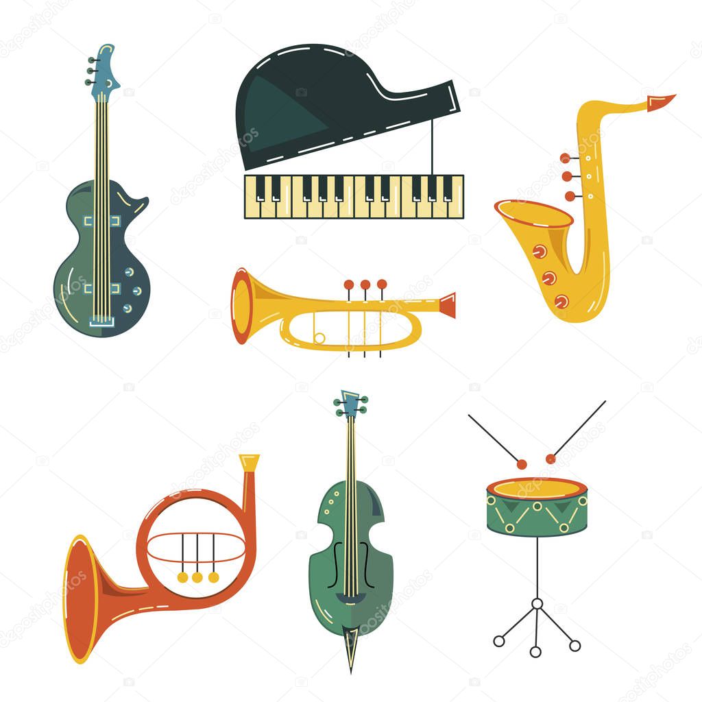Vector set with music instrument: guitar, piano, saxophone, cornet, french horn, violin, drum. Flat style.