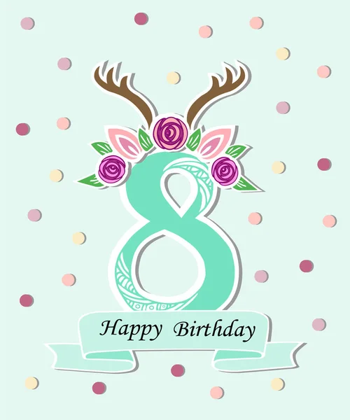 Vector Illustration Number Eight Antlers Flower Wreath Template Birthday Invitation — Stock Vector