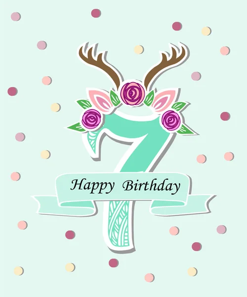 Vector Illustration Number Seven Antlers Flower Wreath Template Birthday Invitation — Stock Vector