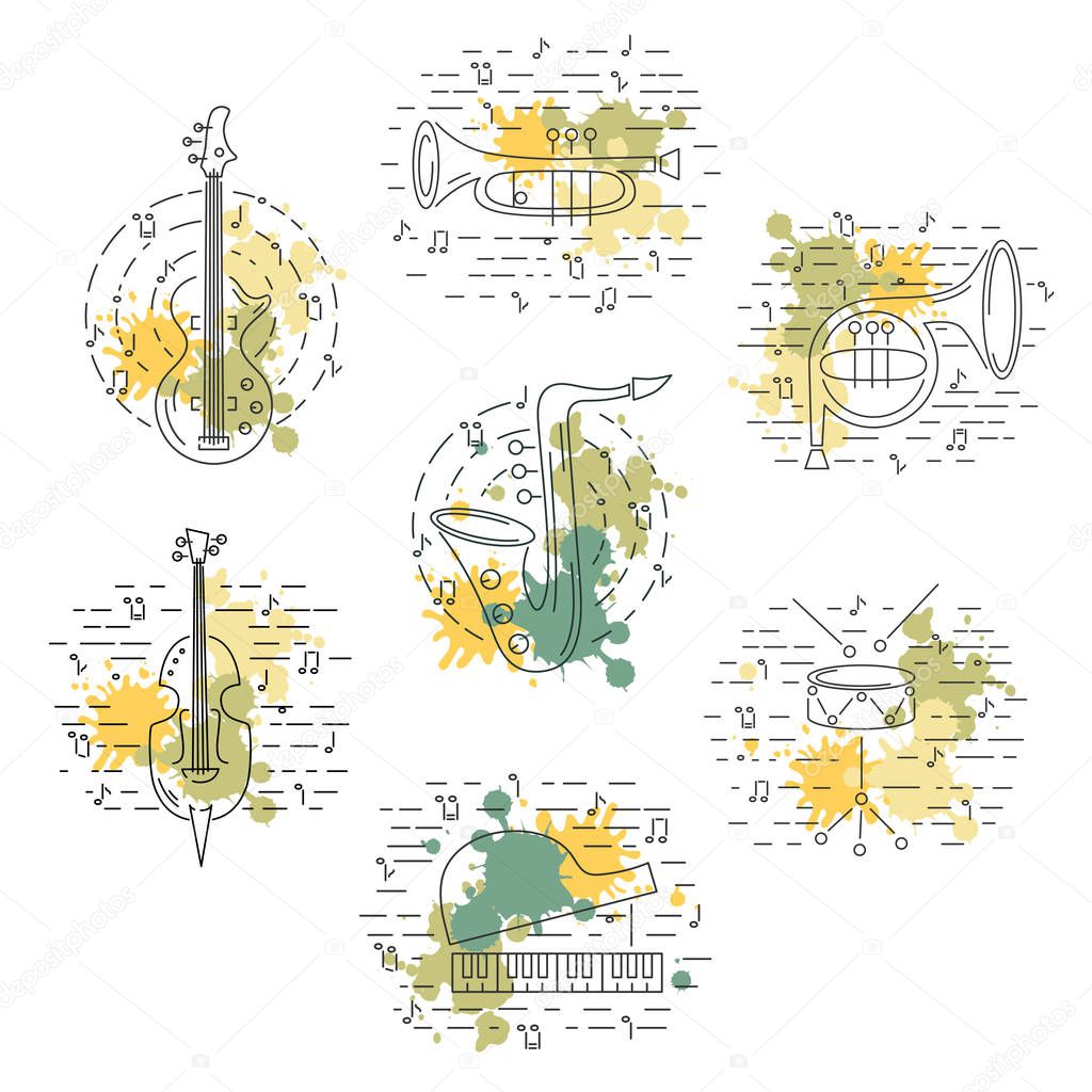 Vector set with music instrument: guitar, piano, saxophone, cornet, french horn, violin, drum. Line style.
