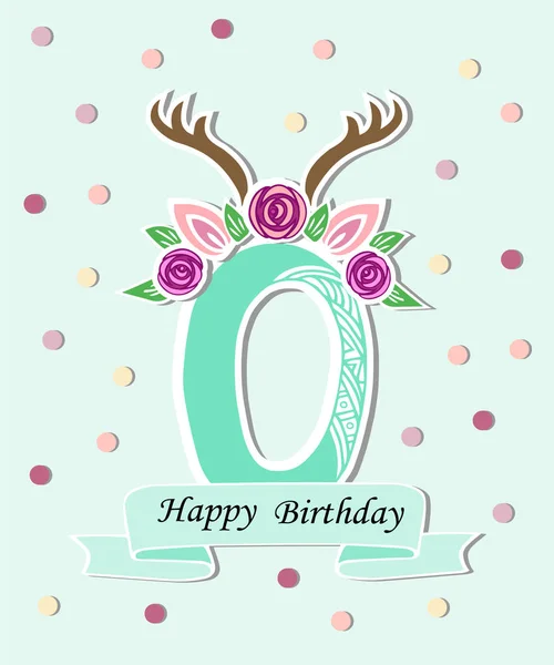 Vector Illustration Number Zero Deer Headband Template Wildlife Style Birthday — Stock Vector