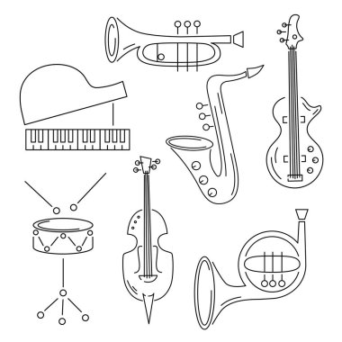 Vektör müzik enstrümanı ile ayarla: gitar, piyano, saksofon, cornet, Fransız kornosu, keman, davul. Çizgi stili.