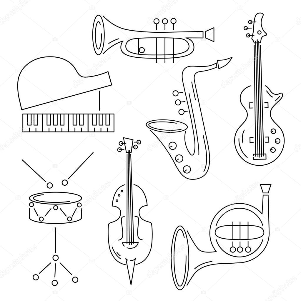 Vector set with music instrument: guitar, piano, saxophone, cornet, french horn, violin, drum. Line style.