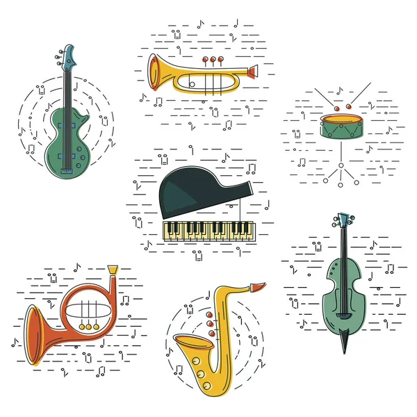 Set Vectores Con Instrumento Musical Guitarra Piano Saxofón Corneta Trompa — Archivo Imágenes Vectoriales