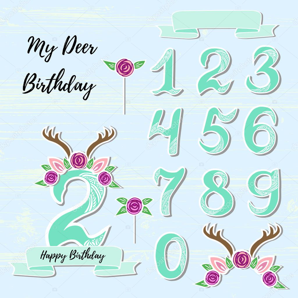 Vector set with Deer headband, Numbers, flower. My Deer symbols as patch, stick cake topper, sticker, drink topper. Props for baby birth, Deer party, birthday, first birthday, baby shower.