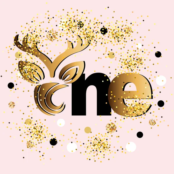 Vektör çizim bir geyik boynuzu ile. Bebek Doğum günü, davetiye, tebrik kartı, t-shirt tasarım şablonu. Sevimli bir ilk yıl yıldönümü logo, yama, etiket olarak