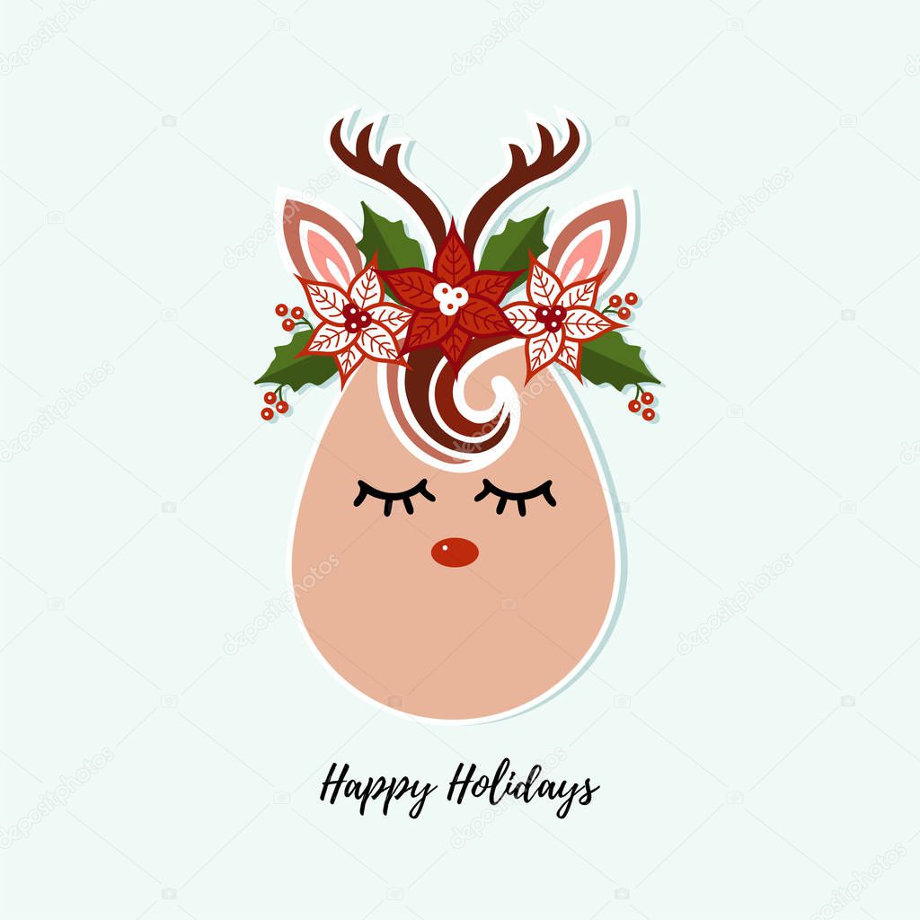 Cute Deer vector illustration as logo, badge, patch isolated on background. Deer for invitation, birthday, greeting, party, Merry Christmas motive, t-shirt design, winter holidays. Happy holidays card