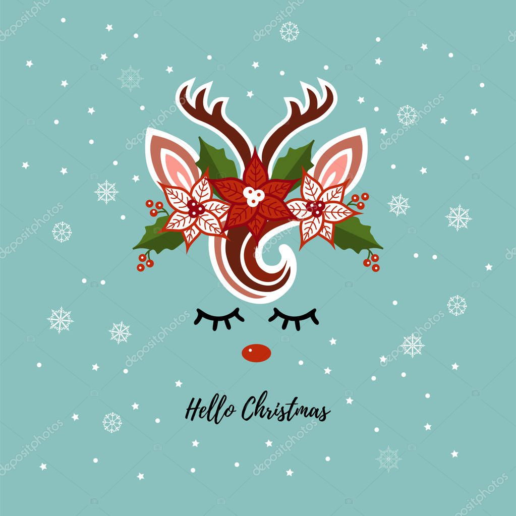 Hello Christmas card. Deer vector illustration as logo, badge, patch isolated on background. Deer for invitation, birthday, greeting, party, Merry Christmas motive, t-shirt design, winter holidays