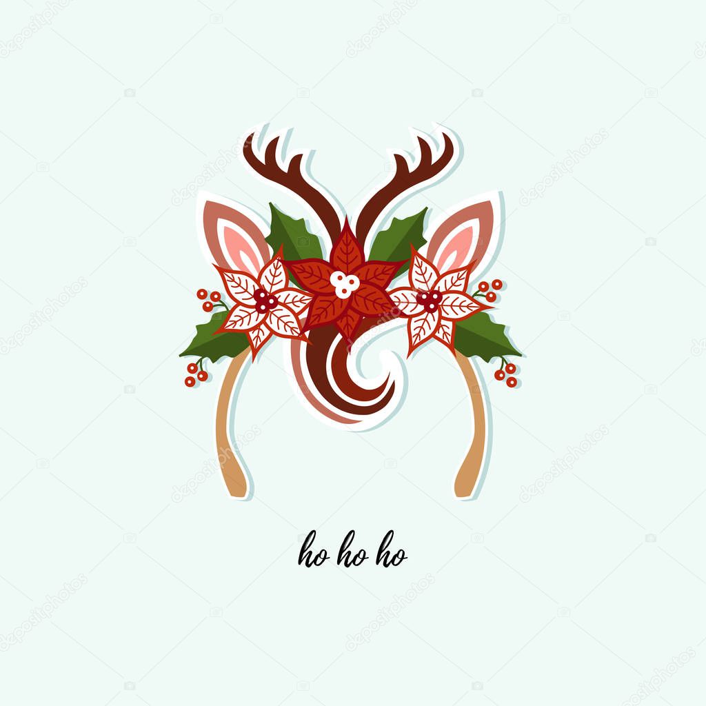 Deer headband with fringe, antlers, flower. Vector illustration. Christmas Deer headband for Christmas party, invitation, birthday, greetings, baby shop, t-shirt design.