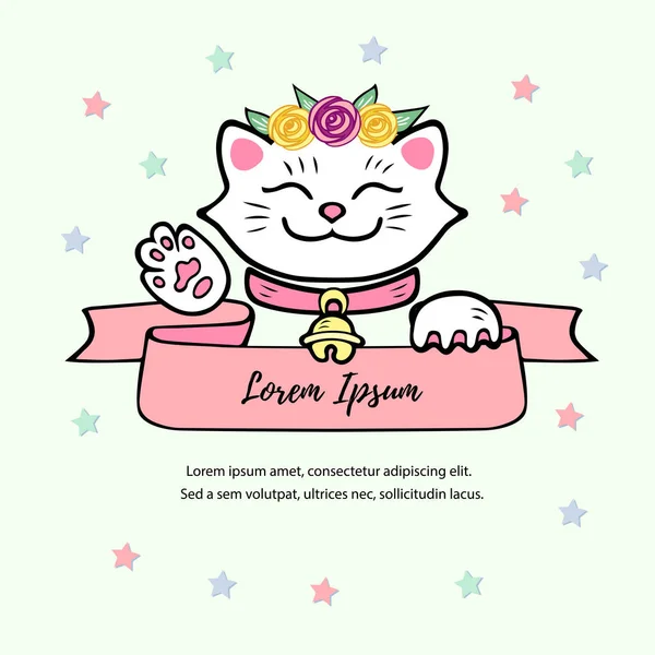 Ilustração Vetor Gato Branco Bonito Com Grinalda Flor Para Aniversário — Vetor de Stock