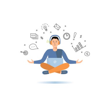 Adam dizüstü bilgisayarda çalışıyor. Programcı veya proje yöneticisine bir yoga poz. Düz ve çizgi stillerini illüstrasyon vektör.