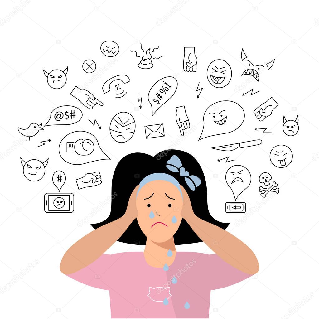 Vector illustration, a teenage girl is crying. Cyberbullying, trolling concept. Social network media community technology problems. Flat and line style.