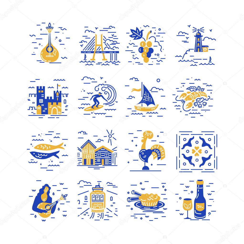 Vector icons set of Portugal symbols. Flat and line style design.