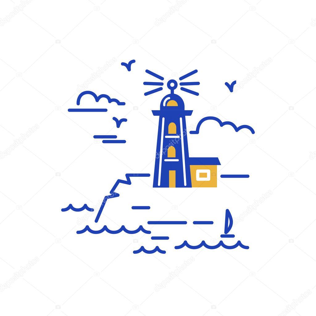 Lighthouse logo design. Flat and line style vector illustration. Template with seaside and lighthouse. Travel concept.