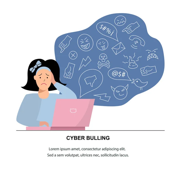 Ilustração Vetorial Menina Adolescente Triste Cyberbullying Conceito Trolling Rede Social —  Vetores de Stock