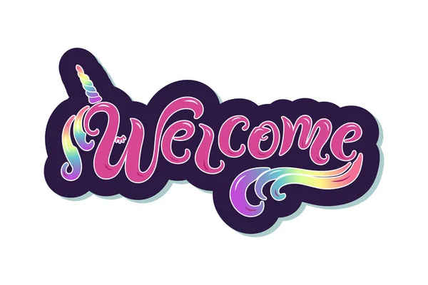 Hoşgeldiniz Unicon Boynuz Ile Yazı Yazısı Karşılama Logosu Bebek Doğum — Stok Vektör