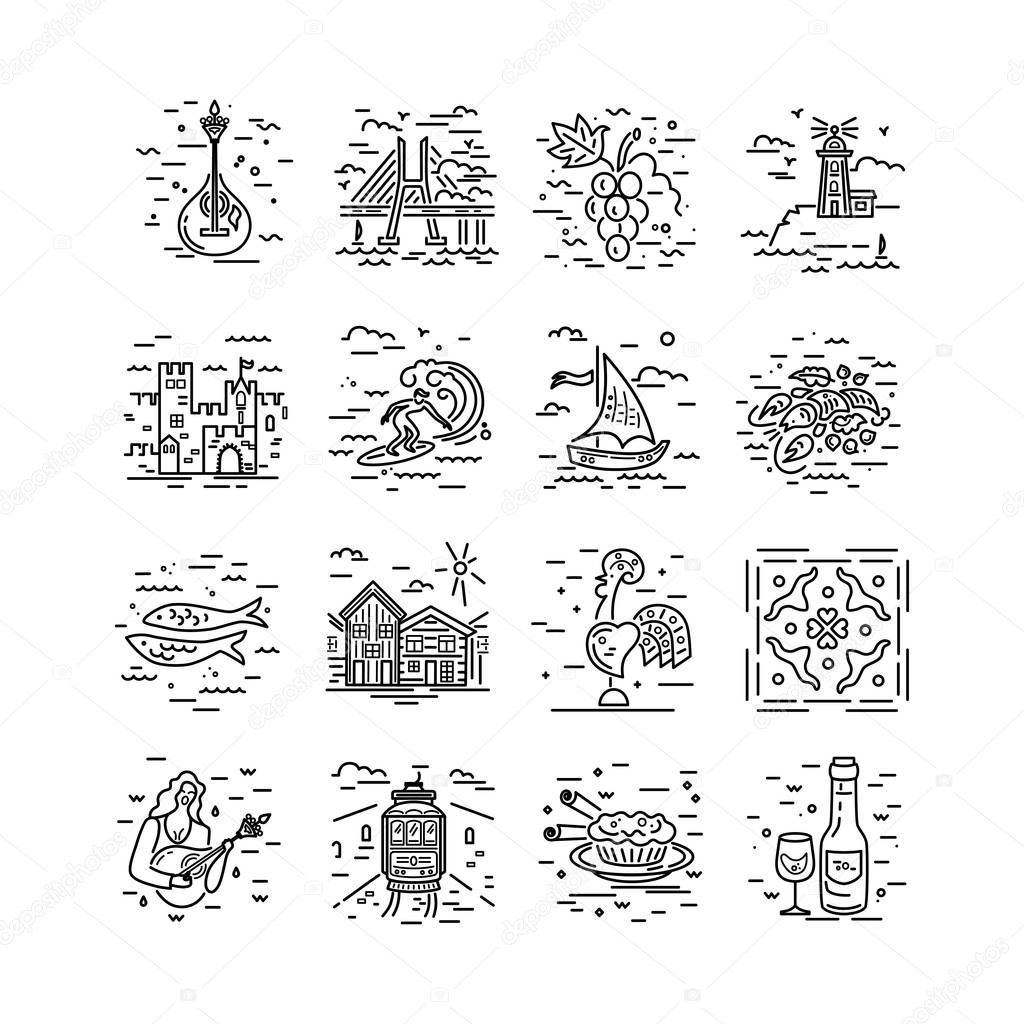 Vector icons set of Portugal symbols. Line style design.