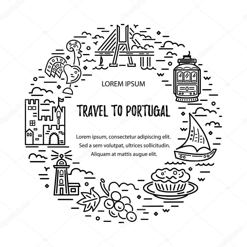 Line style circle frame with symbols of Portugal. Vector illustration.
