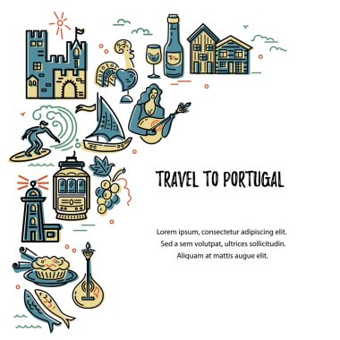 Travel to Portugal vector illustration. Template with portuguese symbols. Travel concept. clipart