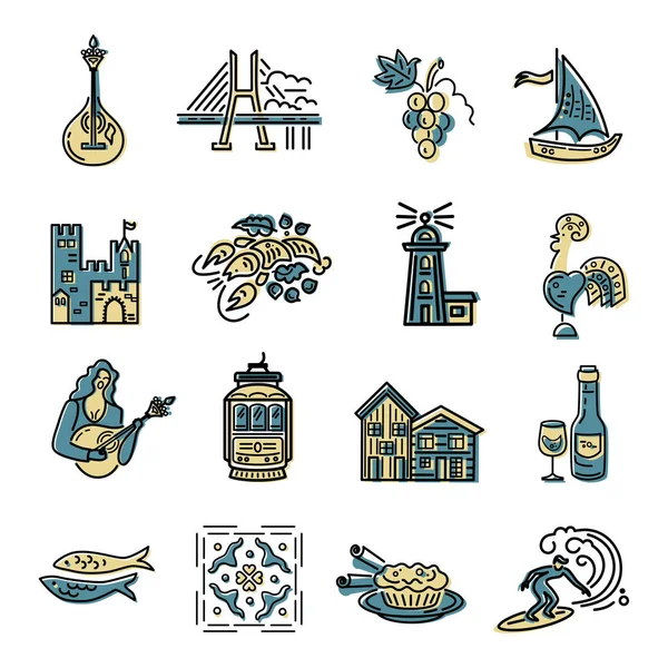 Icone Vettoriali Set Simboli Portoghesi Design Stile Piatto Concetto Viaggio — Vettoriale Stock
