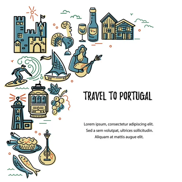Viajar Para Portugal Ilustração Vetorial Modelo Com Símbolos Portugueses Conceito — Vetor de Stock